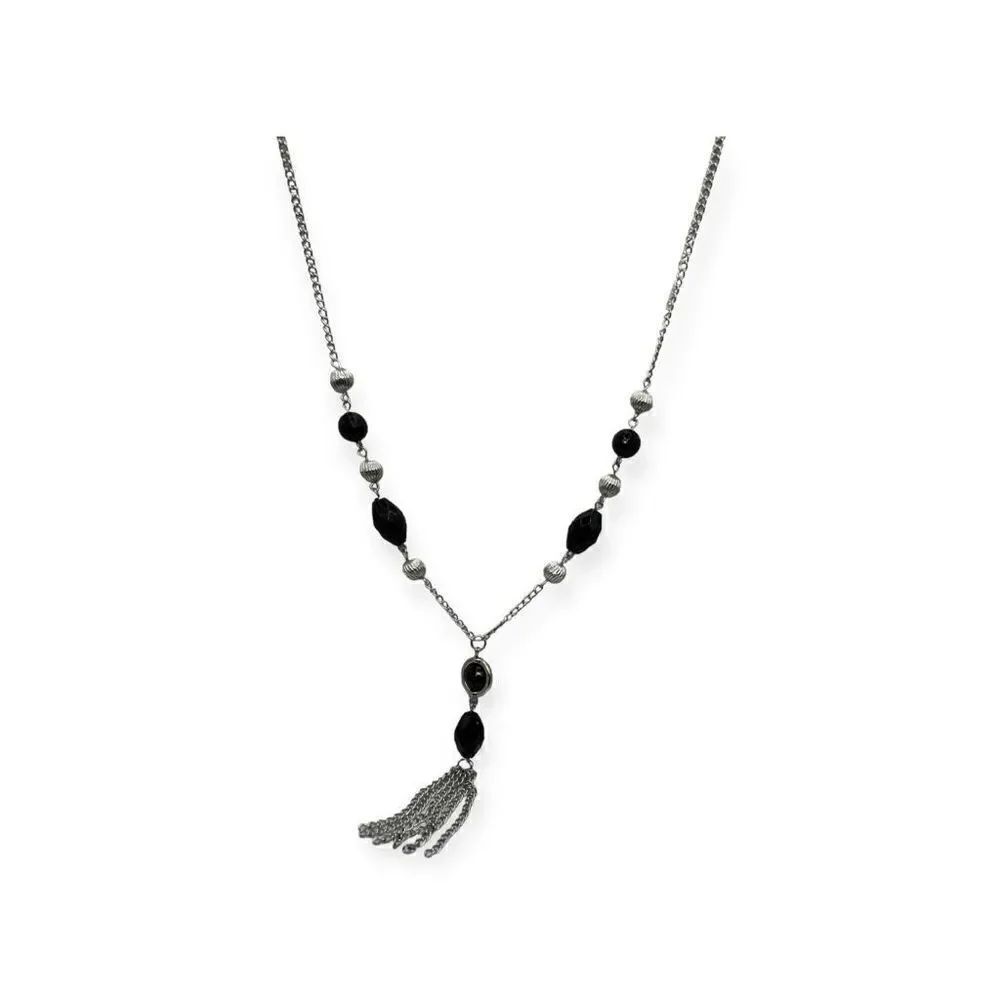 Beaded chain necklace with tassel, silver tone and black beads